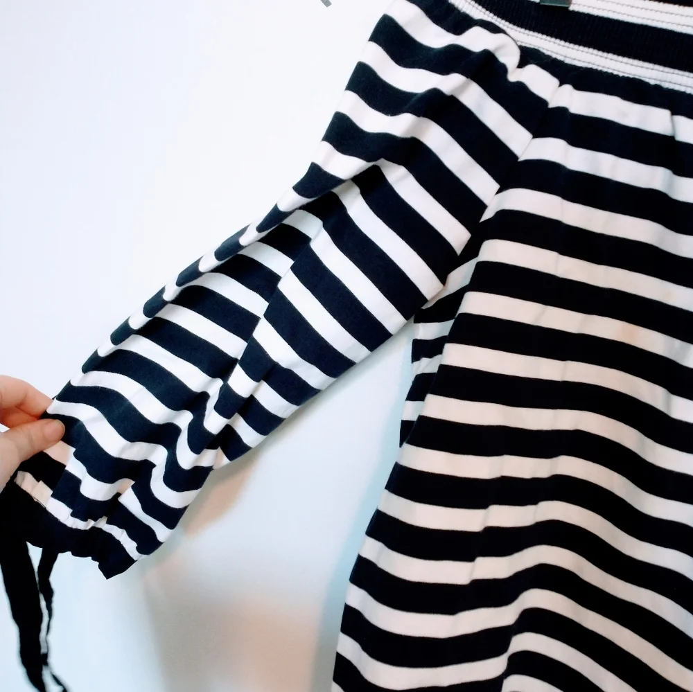 JCrew Navy and cream striped off the shoulder top with ties at the cuff and wide